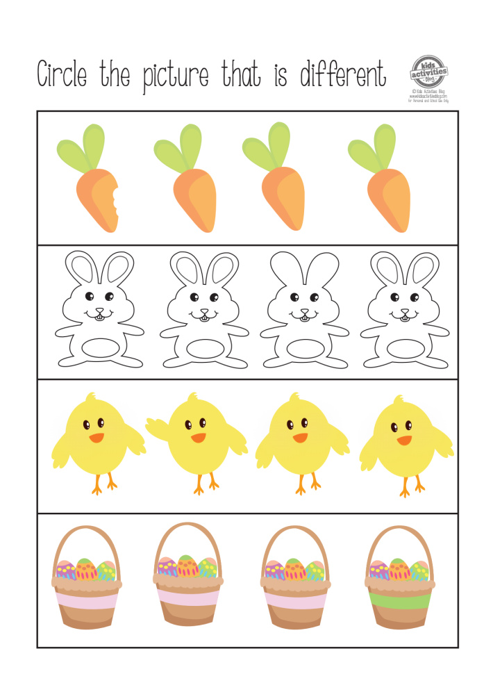 Feuille de travail pdf sur le thème de Pâques pour la pré-maternelle -- encerclez l'image qui est différente : carottes, lapins, poussins et paniers de Pâques du blog d'activités pour enfants