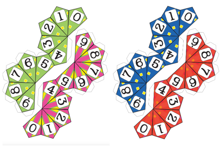 versions pdf du jeu de dés à 9 faces sous forme développée illustrées en vert, rose, bleu et rouge