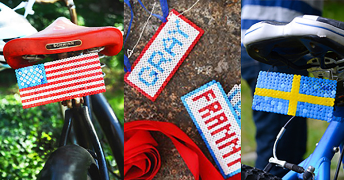 Perler-BEAD-Bike-PLATES de Willow Day - collage de trois idées différentes de plaques d'immatriculation de vélo perler bead pour le drapeau américain, le drapeau suédois et le nom de l'enfant sur la plaque de vélo en perles fondues
