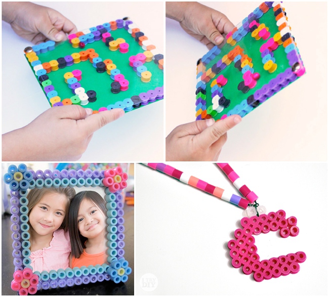 Perler Bead Crafts que vous ne voulez pas manquer – 4 illustrés comprenant un labyrinthe, un cadre et un collier.