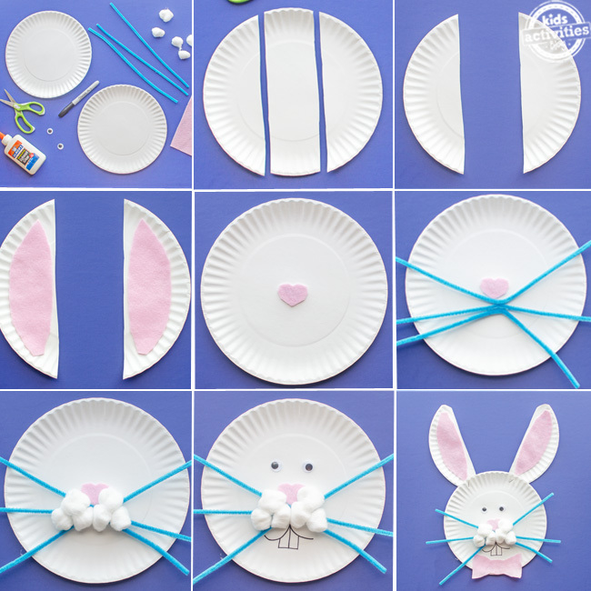 assiette en papier artisanat de lapin de pâques toutes les étapes examinées dans cette image de collage d'étape artisanale avec 9 images