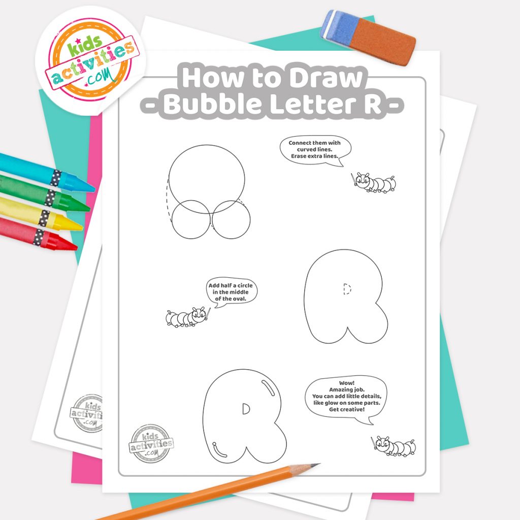 Lettre bulle majuscule graffiti R pdf Comment dessiner un graffiti Bubble Letter R pdf page un avec les étapes 1 à 3 à côté de la gomme, du crayon et des crayons de couleur - Kids Activities Blog