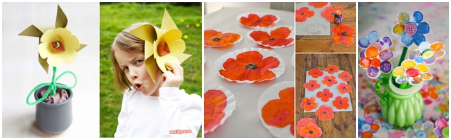 3 bricolages de fleurs faciles pour les enfants - fleur de moulinet en papier de construction, art du coquelicot et bouquet de papier estampé