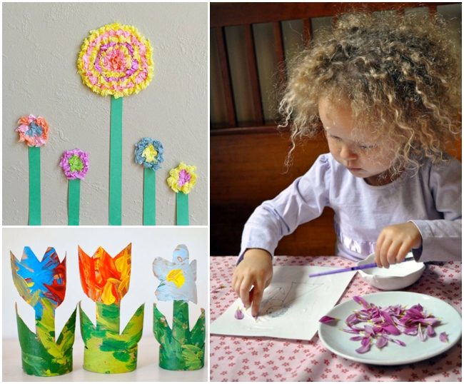 3 - Artisanat de fleurs 3D que les enfants peuvent faire - fleurs en papier de soie, fleurs en tubes de carton et pétales collés sur du papier