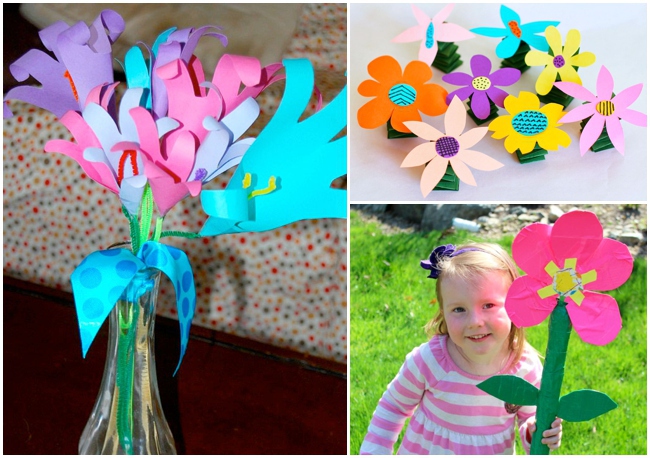 3 bricolages de fleurs faciles pour les enfants sur la photo - bouquet de fleurs avec empreinte de main, fleurs de ruban adhésif et grande fleur en carton tenue par l'enfant
