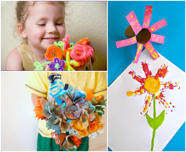 3 créations florales pour les enfants - bouquet de fleurs cure-pipe, fleurs filtre à café et art estampé
