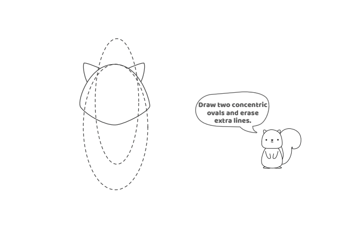 Étape 3 - Comment dessiner un loup - Blog d'activités pour enfants - texte : Dessinez deux ovales concentriques et effacez les lignes supplémentaires.