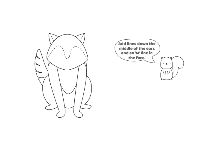 Étape 7 - Comment dessiner un loup - Blog d'activités pour enfants - texte : Ajoutez des lignes au milieu des oreilles et une ligne M sur le visage.