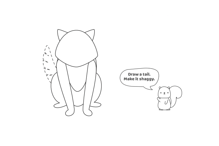 Étape 6 - Comment dessiner un loup - Blog d'activités pour enfants - texte : Dessinez une queue.  Faites-le hirsute.