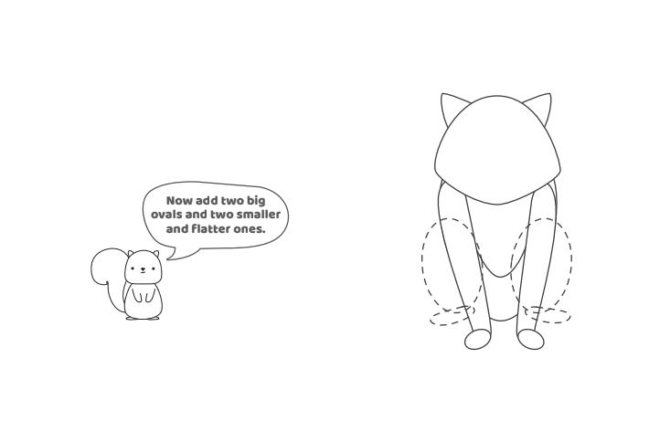 Étape 5 - Comment dessiner un loup - Blog d'activités pour enfants - texte : Ajoutez maintenant deux grands ovales et deux plus petits et plus plats.