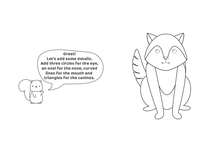 Étape 8 - Comment dessiner un loup - Blog d'activités pour enfants - texte : Génial !  Ajoutons quelques détails.  Ajoutez trois cercles pour l'œil, un ovale pour le nez, des lignes courbes pour la bouche et des triangles pour les canines.