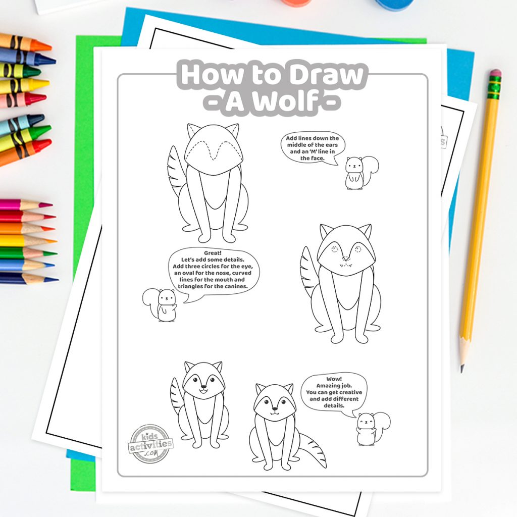 Comment dessiner un tutoriel imprimable de loup pdf illustré avec des crayons, un crayon et une gomme - Blog d'activités pour enfants