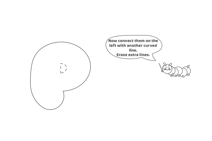 Étape 4 - Comment dessiner la lettre bulle P - Blog d'activités pour enfants - texte : Connectez-les maintenant à gauche avec une autre ligne courbe.  Effacer les lignes supplémentaires.