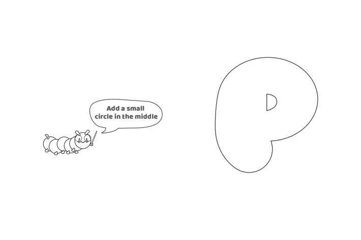 Étape 5 - Comment dessiner la lettre bulle P - Blog d'activités pour enfants - texte : Ajoutez un petit cercle au milieu.