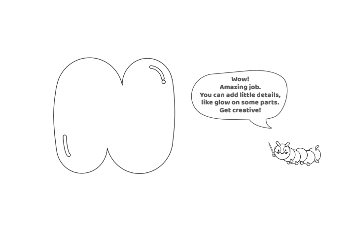 Étape 6 - Comment dessiner la lettre bulle N - Blog d'activités pour enfants - texte : Wow !  Travail incroyable.  Vous pouvez ajouter de petits détails, comme une lueur sur certaines parties.  Faire preuve de créativité!