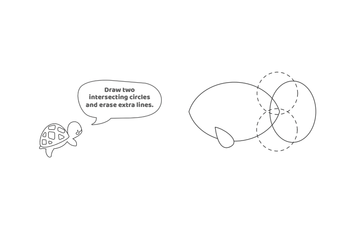 Étape 5 - Comment dessiner un poisson - Blog d'activités pour enfants - texte : Dessinez deux cercles qui se croisent et effacez les lignes supplémentaires.