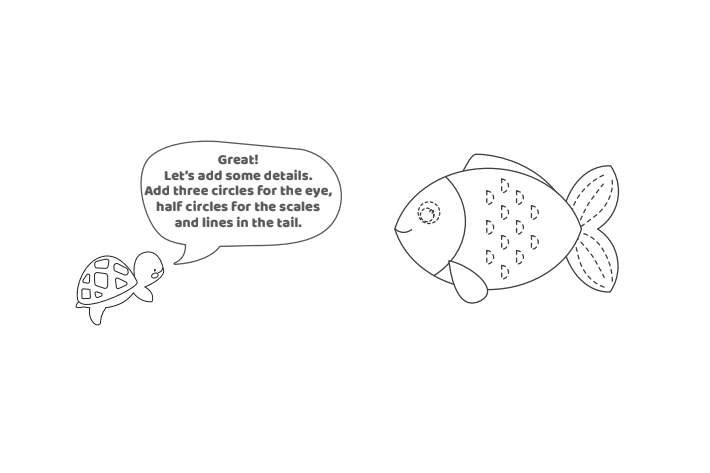 Étape 8 - Comment dessiner un poisson - Blog d'activités pour enfants - texte : Génial !  Ajoutons quelques détails.  Ajoutez trois cercles pour l'œil, des demi-cercles pour les écailles et des lignes pour la queue.
