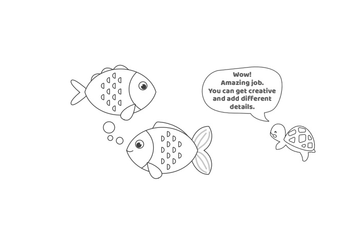 Étape 8 - Comment dessiner un poisson - Blog d'activités pour enfants - texte : Wow !  Travail incroyable.  Vous pouvez faire preuve de créativité et ajouter différents détails.