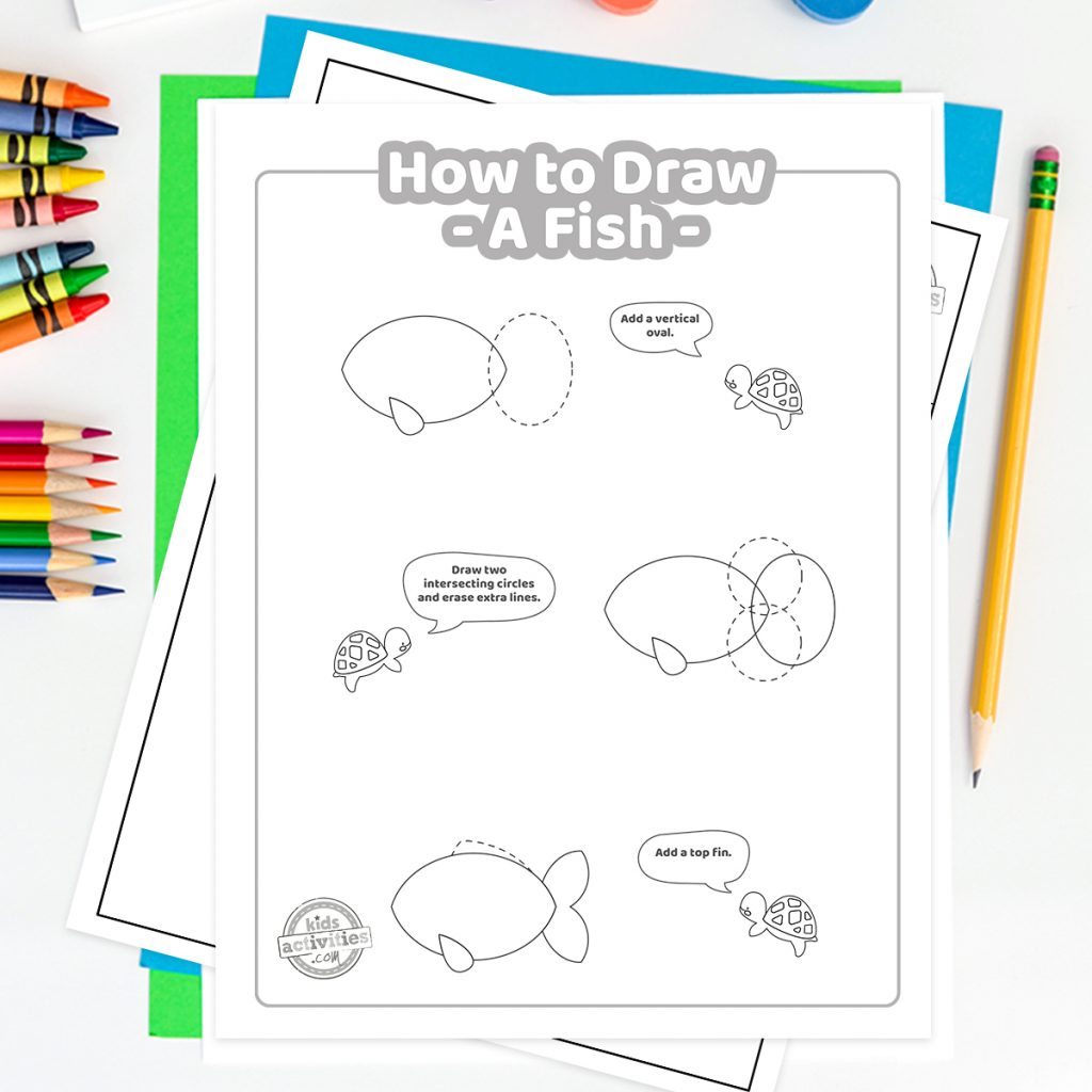 Comment dessiner un poisson tutoriel imprimable pdf montré avec des crayons, un crayon et une gomme - Blog d'activités pour enfants