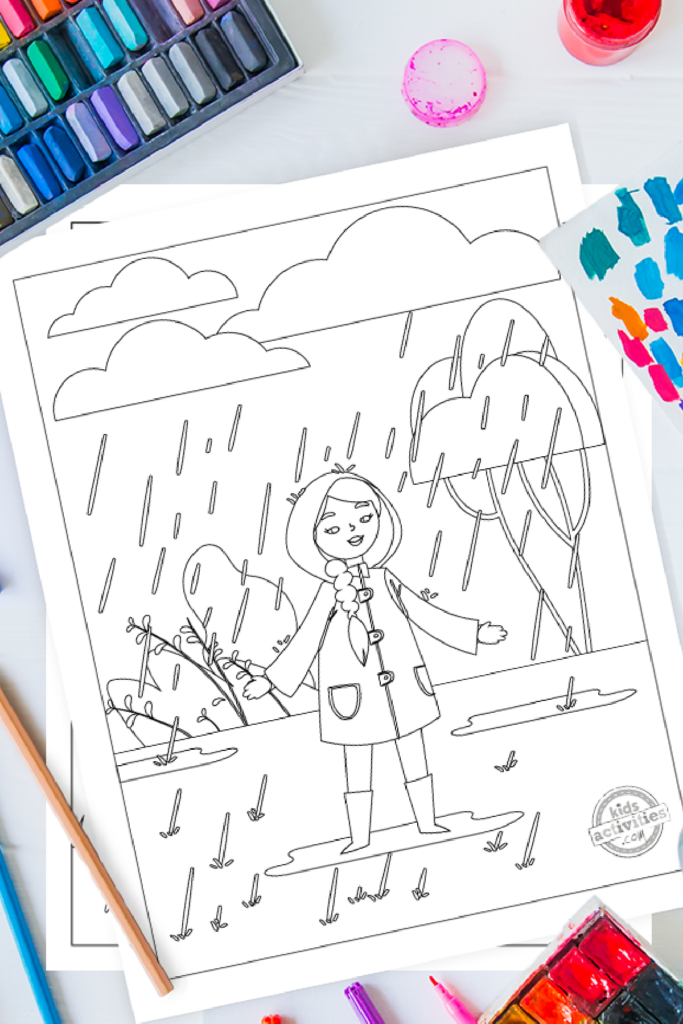 Page de coloriage de pluie pdf imprimable sur fond blanc avec fournitures de coloriage - petite fille jouant sous la pluie avec un parapluie - blog d'activités pour enfants