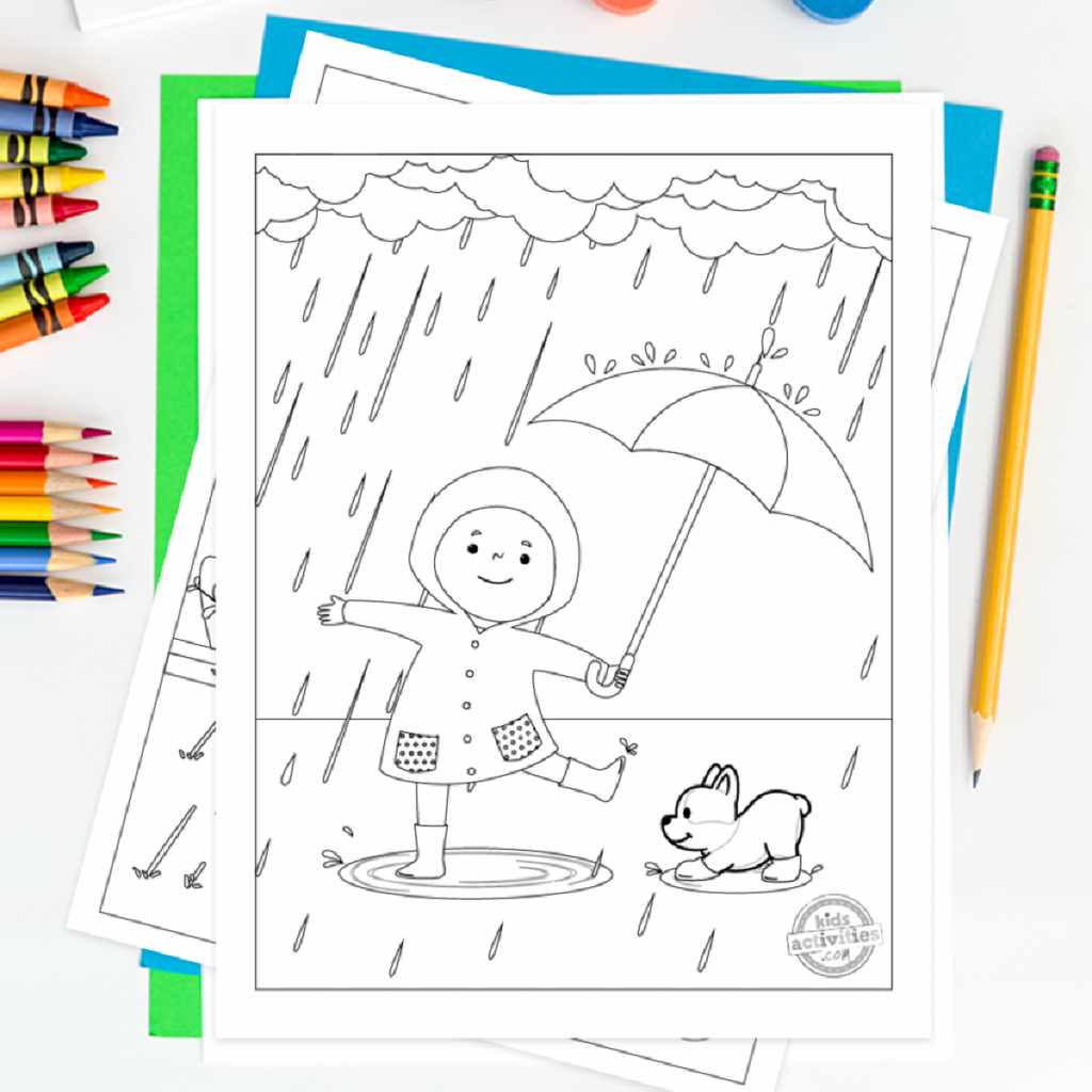 Imprimable gratuit Petit garçon sous la pluie avec un imperméable, des bottes et un parapluie jouant avec un chiot sur fond avec des fournitures de coloriage crayons et crayons - blog d'activités pour enfants 