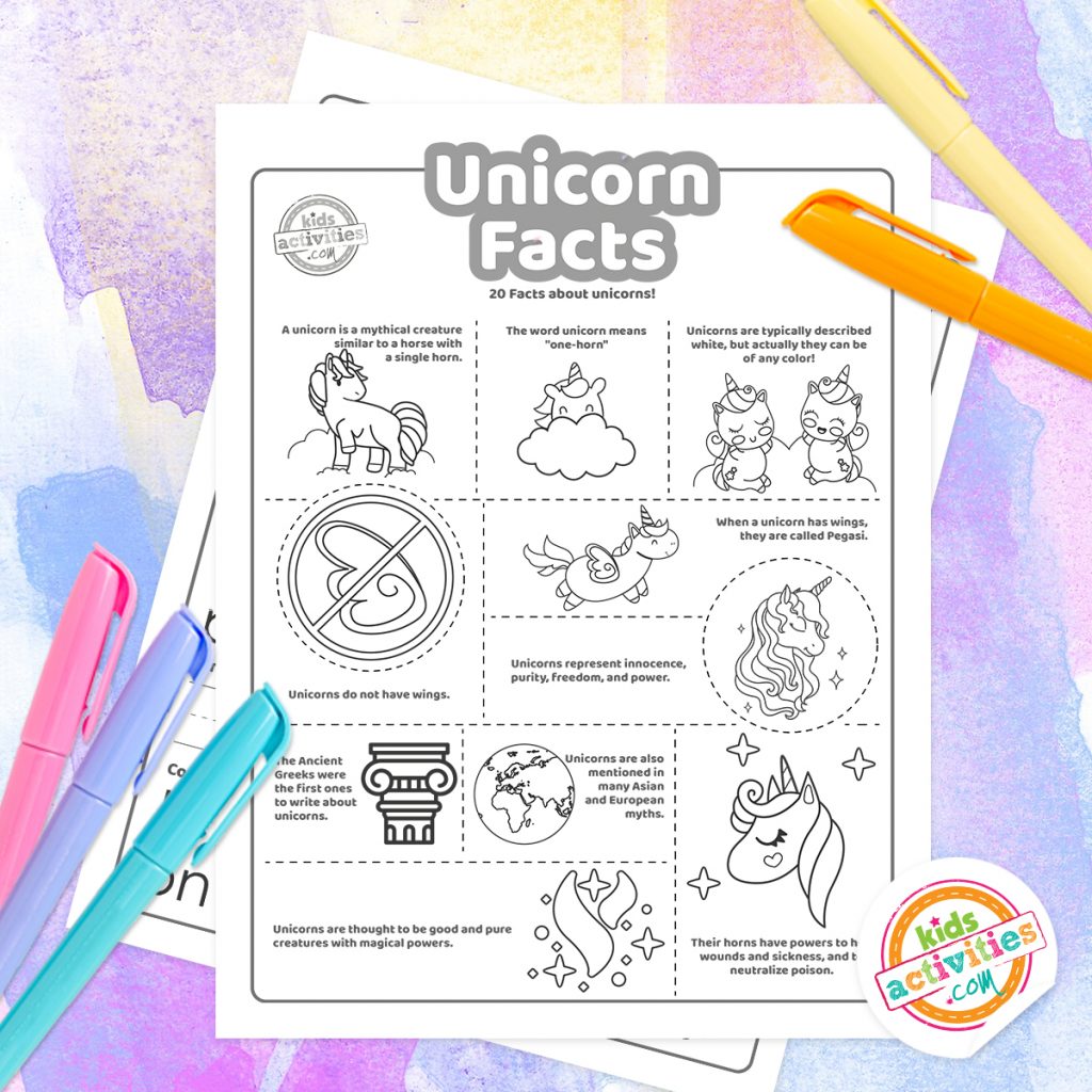 informations sur la licorne et faits imprimés fichier pdf sur fond coloré entouré de stylos colorés - Blog d'activités pour enfants