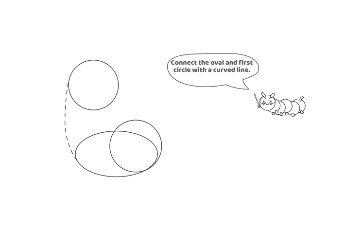 Étape 4 - Comment dessiner la lettre bulle L - Blog d'activités pour enfants Étape 4 - Comment dessiner la lettre à bulles L - Blog d'activités pour enfants - texte : Connectez l'ovale et le premier cercle avec une ligne courbe.