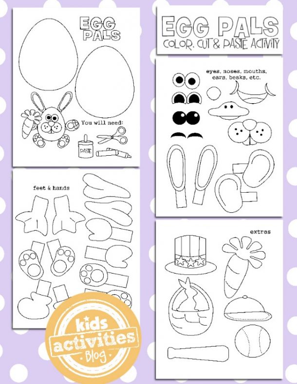 Activités de Pâques imprimables qui vous permettent de fabriquer un lapin de Pâques en papier avec un corps d'œuf, des yeux, une bouche, une carotte, des mains, des pieds et des oreilles.