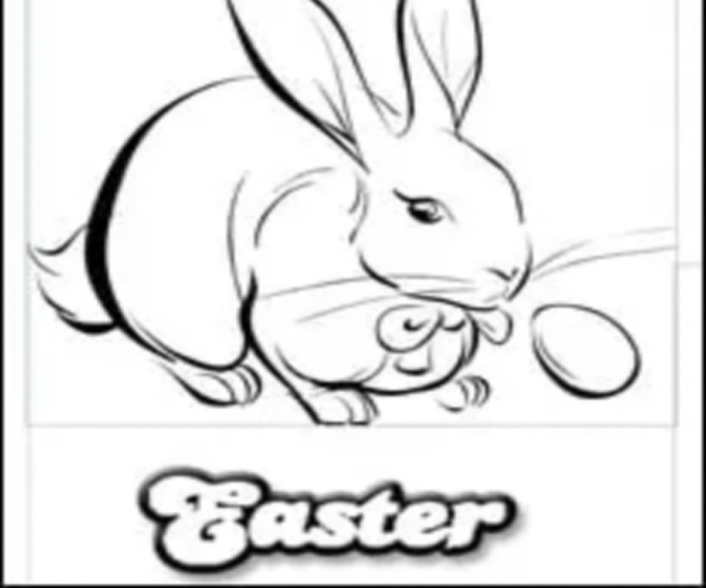 Page de coloriage de Pâques - lapin réaliste avec un arc et un œuf et Pâques en dessous