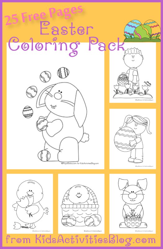 Coloriages de Pâques avec un lapin de Pâques, un petit garçon avec un panier de Pâques, un poussin de Pâques, un poussin de Pâques dans un panier et un lapin de Pâques tenant un panier, et une petite fille tenant un œuf de Pâques géant.