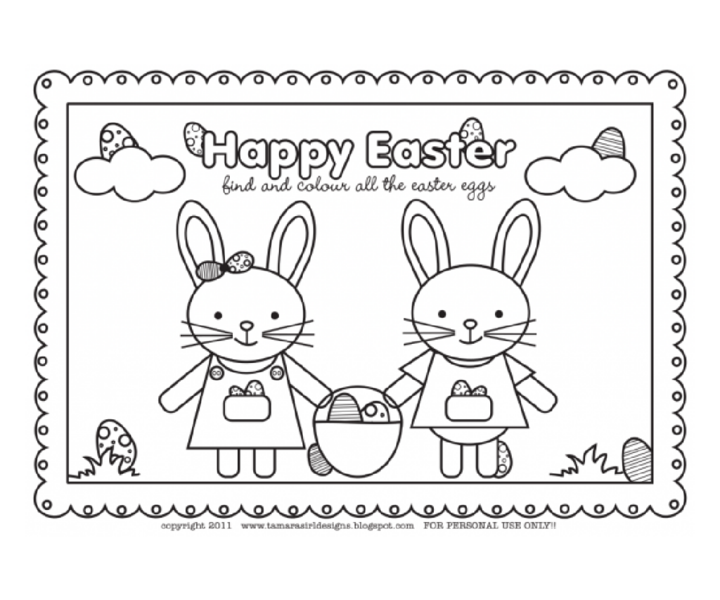 Joyeuses Pâques Coloriages - Lapin fille et garçon tenant un lapin de Pâques - Texte : Joyeuses Pâques
