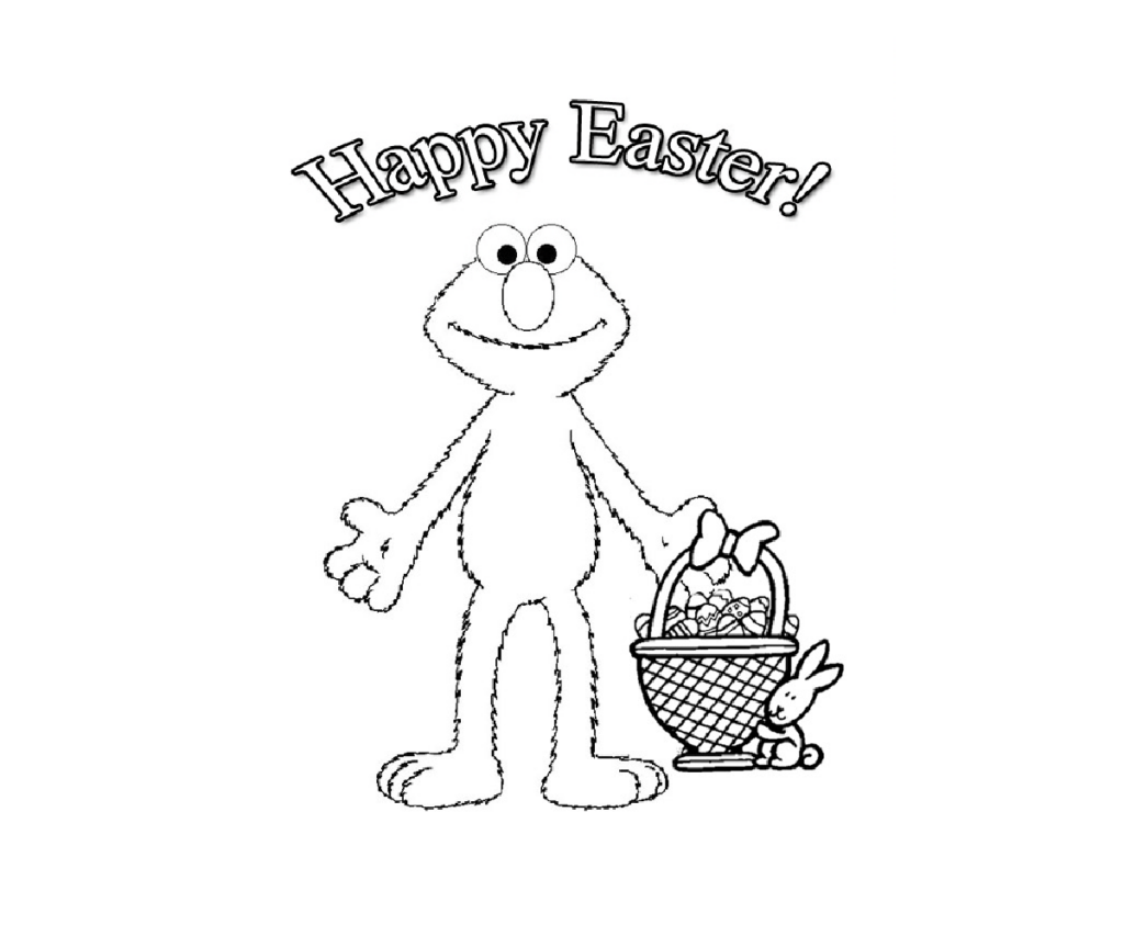Coloriages de Pâques d'Elmo - Elmo avec un panier de Pâques et des oeufs