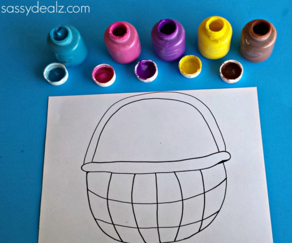 Page de coloriage de Pâques - fond bleu, bleu rouge, violet, jaune brun peintures, photo de panier de Pâques noir et blanc