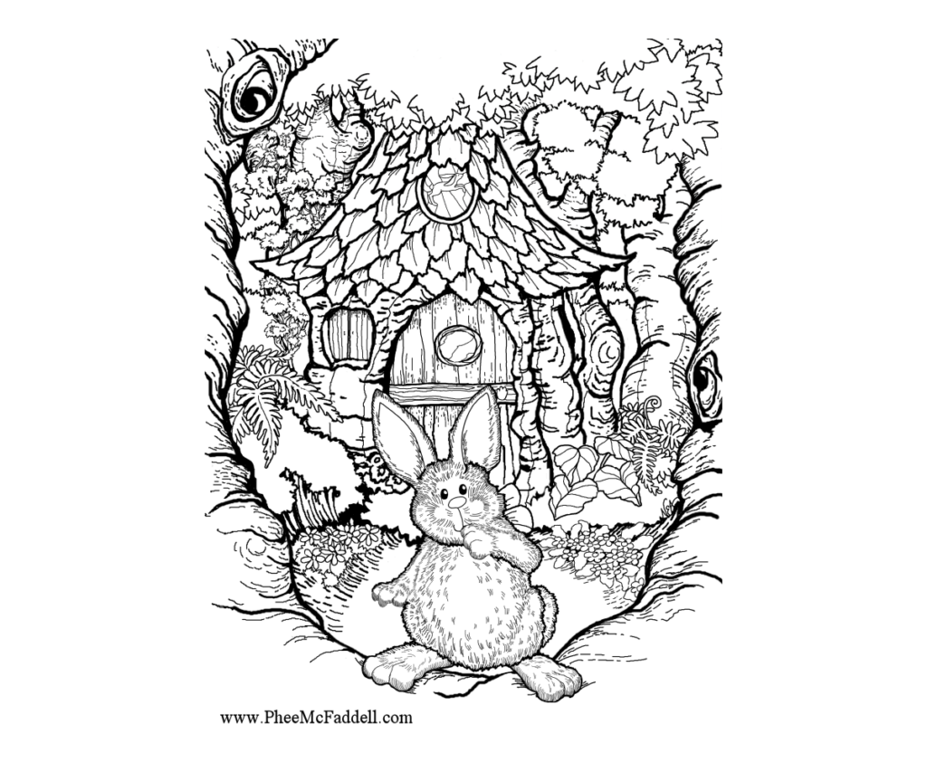Belles pages à colorier réalistes de Pâques - Lapin avec une maison dans les arbres