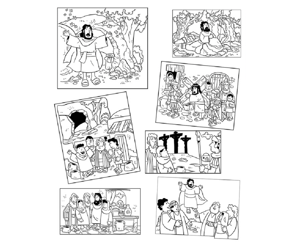 Coloriage religieux de Pâques - histoires de la Bible Jésus, la croix, les disciples, Jésus portant la croix, Jésus ressuscitant 3 jours plus tard
