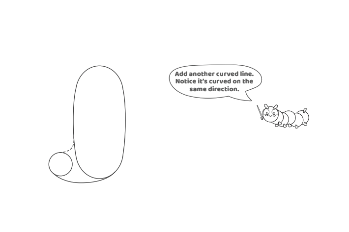 Étape 4 - Comment dessiner la lettre bulle J - Blog d'activités pour enfants Étape 4 - Comment dessiner la lettre à bulles j - Blog d'activités pour enfants - texte : Ajoutez une autre ligne courbe. Remarquez qu'il est courbé dans la même direction.