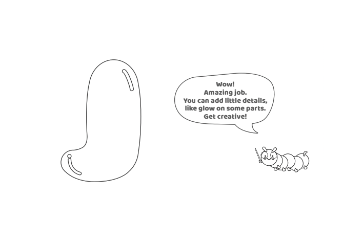 Étape 6 - Comment dessiner la lettre bulle J - Blog d'activités pour enfants Étape 6 - Comment dessiner la lettre à bulles j - Blog d'activités pour enfants - texte : Wow ! Travail incroyable. Vous pouvez ajouter de petits détails comme de la lueur sur certaines parties, faites preuve de créativité !