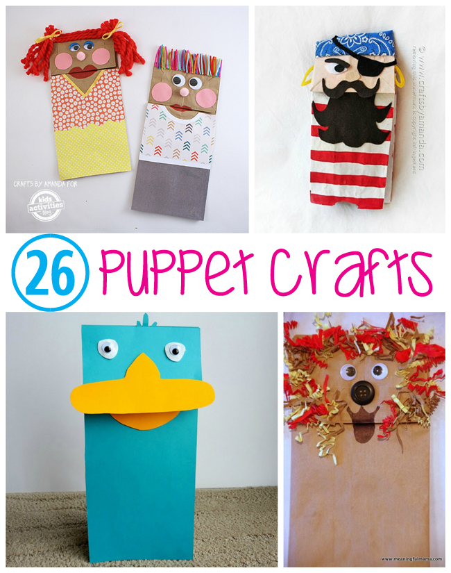 26 marionnettes pour enfants - collage de 4 marionnettes différentes que les enfants peuvent fabriquer à partir de choses qu'ils ont à la maison