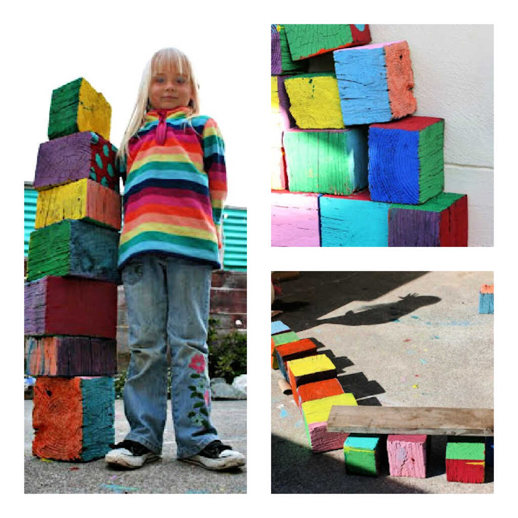 Fabriquez des blocs de bois à partir de Filth Wizardry - collage de blocs de bois fabriqués par des enfants et peints de couleurs vives