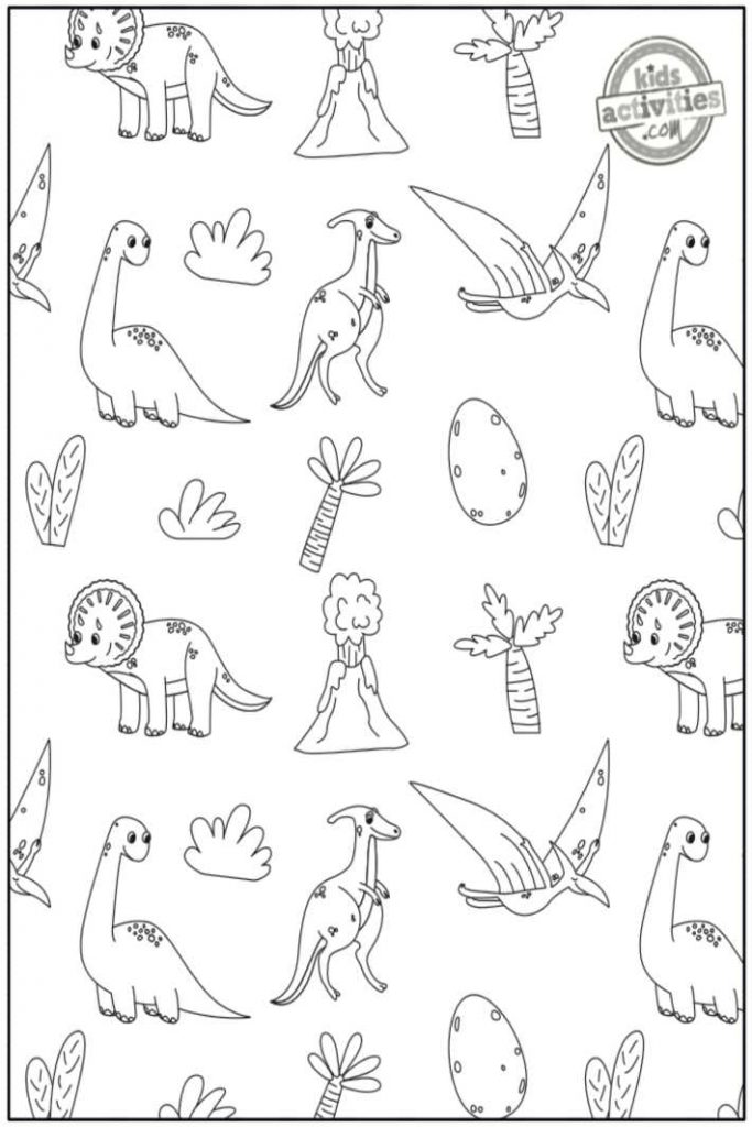 Page de coloriage de doodle de dinosaure imprimée pdf montrant des dino doodles prêts à être coloriés