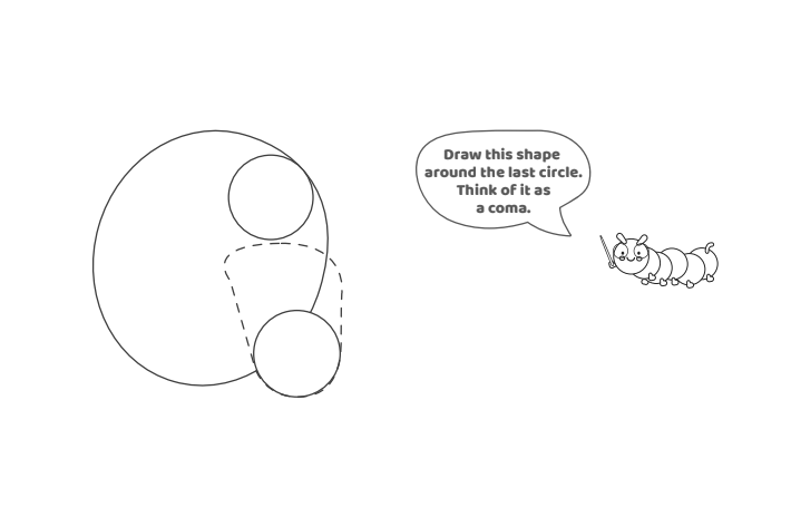 Étape 5 - Comment dessiner la lettre bulle G - Blog d'activités pour enfants Étape 4 - Comment dessiner la lettre bulle G - Blog d'activités pour enfants - texte : Dessinez cette forme autour du dernier cercle. Considérez-le comme une virgule.