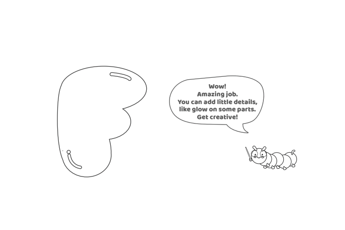 Étape 6 - Comment dessiner la lettre bulle F - Blog d'activités pour enfants Étape 6 - Comment dessiner la lettre bulle E - Blog d'activités pour enfants - texte : Wow ! Travail incroyable! Vous pouvez ajouter de petits détails, comme de la lueur sur certaines parties. Faire preuve de créativité!