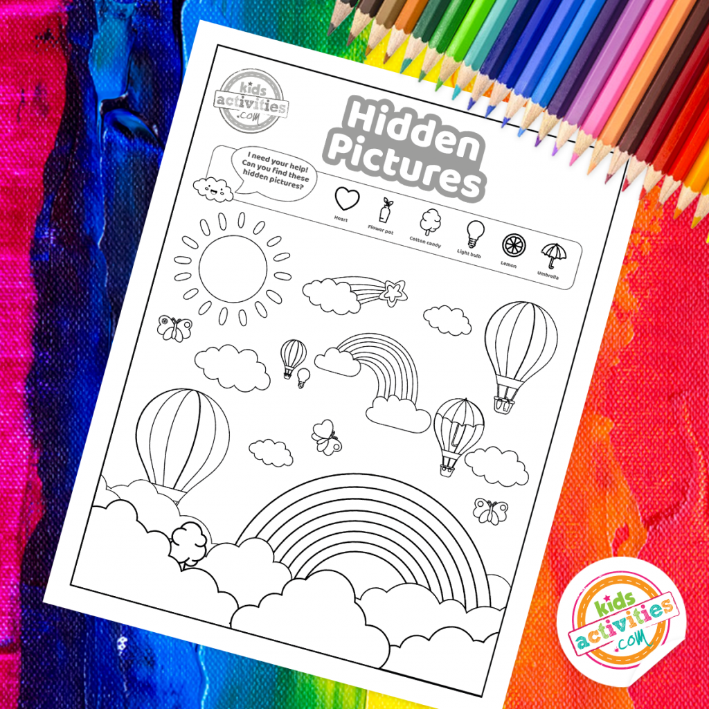 Feuille de travail imprimable de puzzle d'images cachées sur le thème de l'arc-en-ciel sur un fond coloré - Blog d'activités pour les enfants