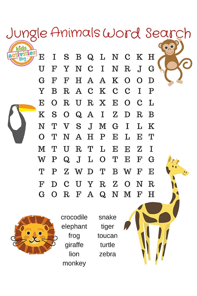 recherche de mots animaux de la jungle pdf montré étiqueté, recherche de mots animaux de la jungle avec des animaux coupés décorant autour du puzzle de recherche de mots et une liste de mots à trouver en bas