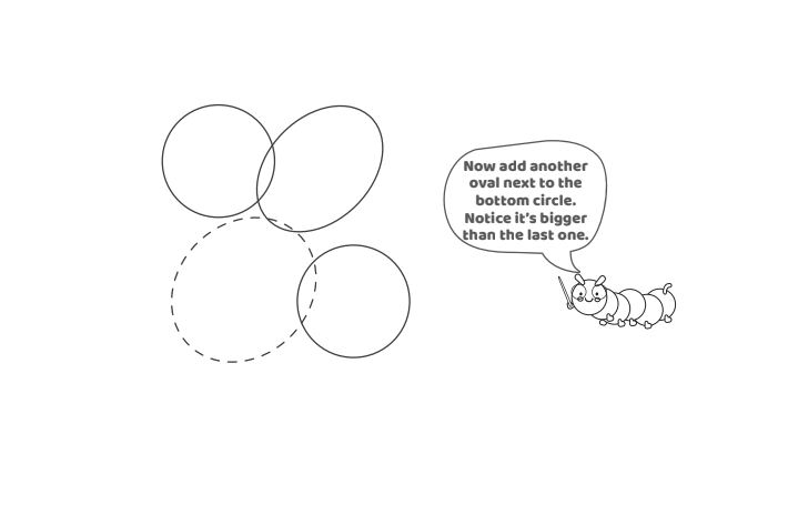 Étape 3 - Comment dessiner la lettre bulle Z - Blog d'activités pour enfants - texte : Ajoutez maintenant un autre ovale à côté du cercle inférieur.  Remarquez qu'il est plus gros que les précédents.