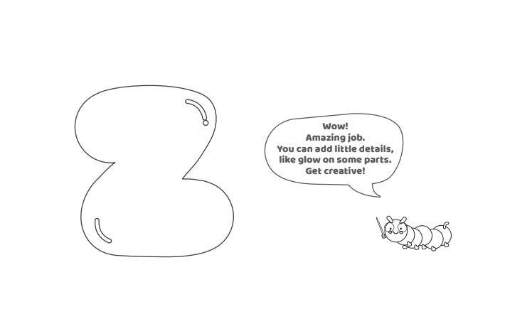 Étape 6 - Comment dessiner la lettre bulle Y - Blog d'activités pour enfants - texte : Wow !  Travail incroyable.  Vous pouvez ajouter de petits détails, comme de la lueur sur certaines parties.  Faire preuve de créativité!