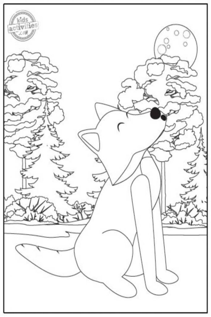Loup hurlant à la lune imprimé pdf de coloriage de loup imprimable illustré en noir et blanc - Blog d'activités pour enfants