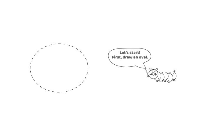 Étape 1 - Comment dessiner la lettre bulle P - Blog d'activités pour enfants - texte : Commençons !  Tout d'abord, dessinez un ovale.
