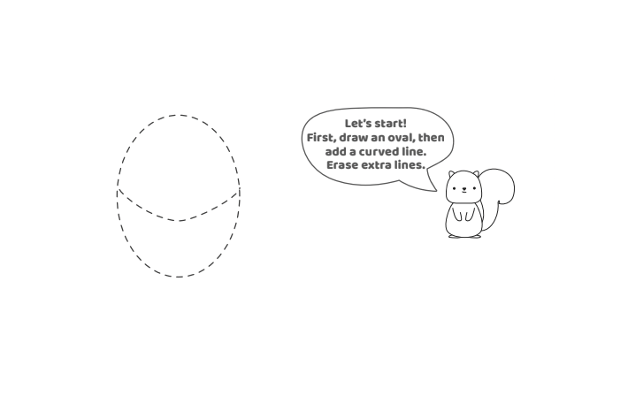 Étape 1 - Comment dessiner un loup - Blog d'activités pour enfants - texte : Commençons !  Commencez par dessiner un ovale, puis ajoutez une ligne courbe.  Effacer les lignes supplémentaires.