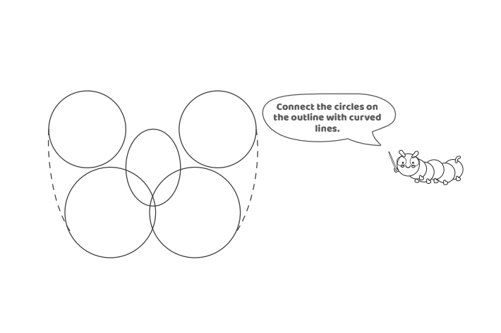 Étape 4 - Comment dessiner la lettre à bulles W - Blog d'activités pour enfants - texte : reliez les cercles sur le contour avec des lignes courbes.